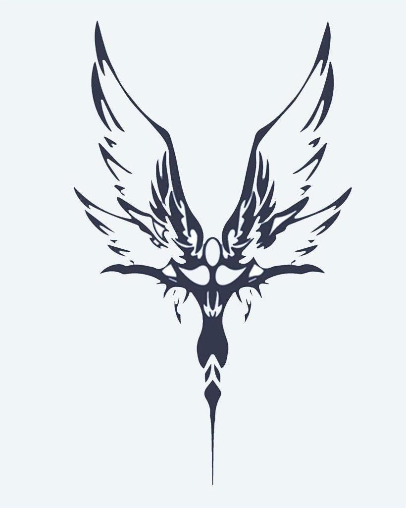 Tribal Phoenix semi-permanent tattoo design by INKON – tribal, phoenix, spread, wings, symmetrical illustration, 4 x 7 in (10x17cm), available at inkon.co