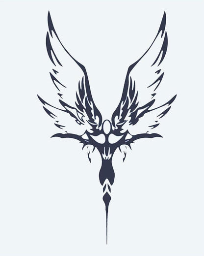 Tribal Phoenix semi-permanent tattoo design by INKON – tribal, phoenix, spread, wings, symmetrical illustration, 4 x 7 in (10x17cm), available at inkon.co