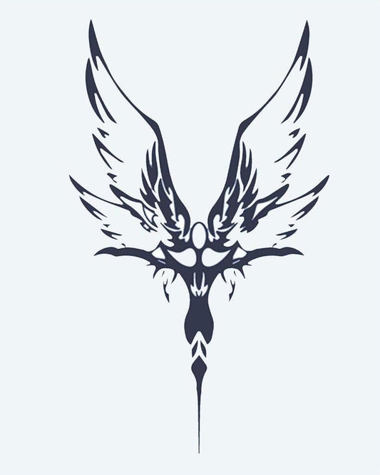 Tribal Phoenix semi-permanent tattoo design by INKON – tribal, phoenix, spread, wings, symmetrical illustration, 4 x 7 in (10x17cm), available at inkon.co