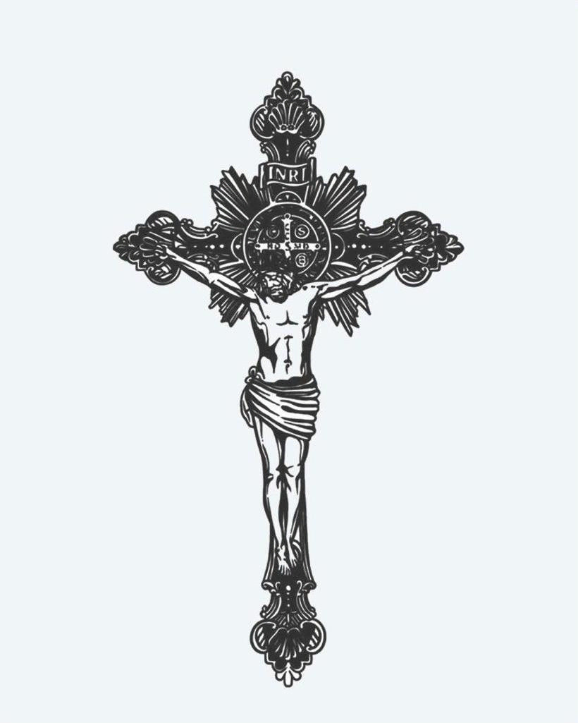 Crucifix semi-permanent tattoo design by INKON – ornate, baroque, crucifix, scrollwork, radiant illustration, 4 x 7 in (10x17cm), available at inkon.co