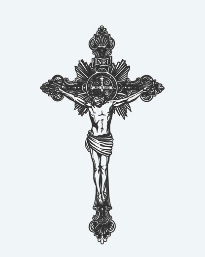 Crucifix semi-permanent tattoo design by INKON – ornate, baroque, crucifix, scrollwork, radiant illustration, 4 x 7 in (10x17cm), available at inkon.co