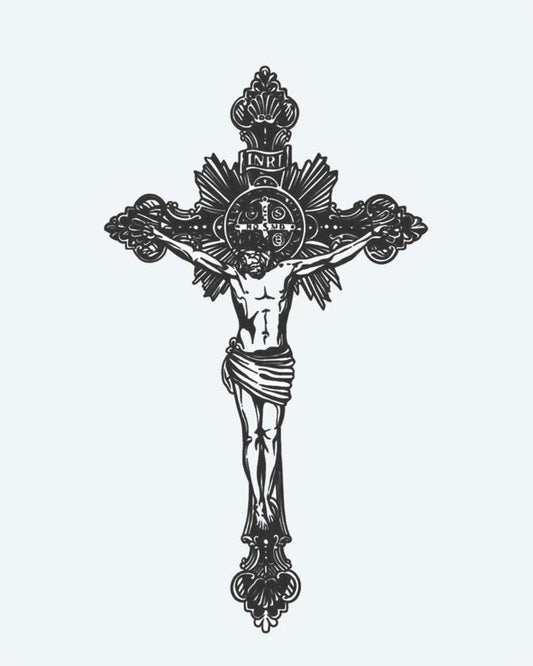 Crucifix semi-permanent tattoo design by INKON – ornate, baroque, crucifix, scrollwork, radiant illustration, 4 x 7 in (10x17cm), available at inkon.co