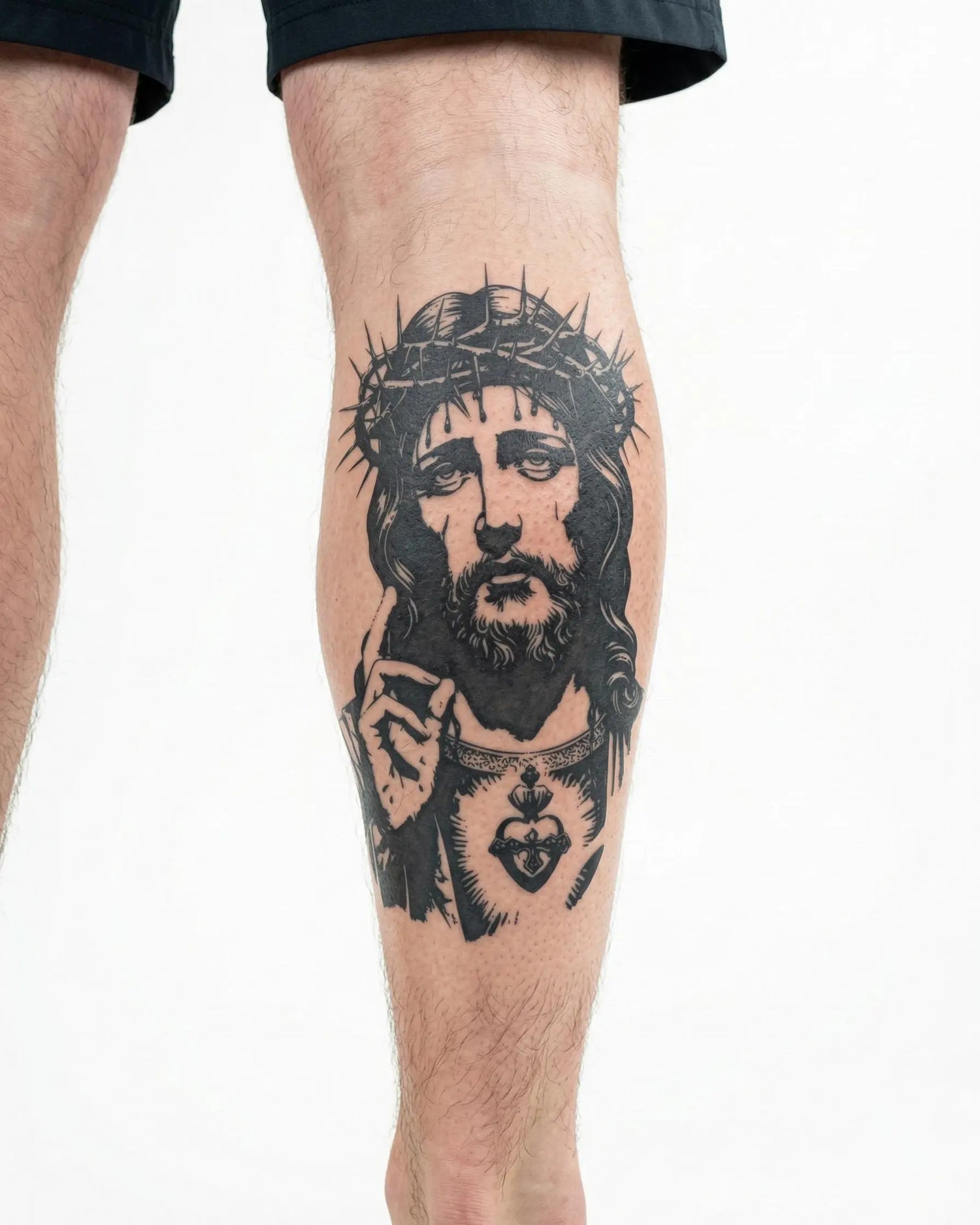 INKON Christ with Crown of Thorns semi-permanent tattoo applied on a man – 4 x 7 in (10x17cm) design, realistic ink look, lasts 10 days
