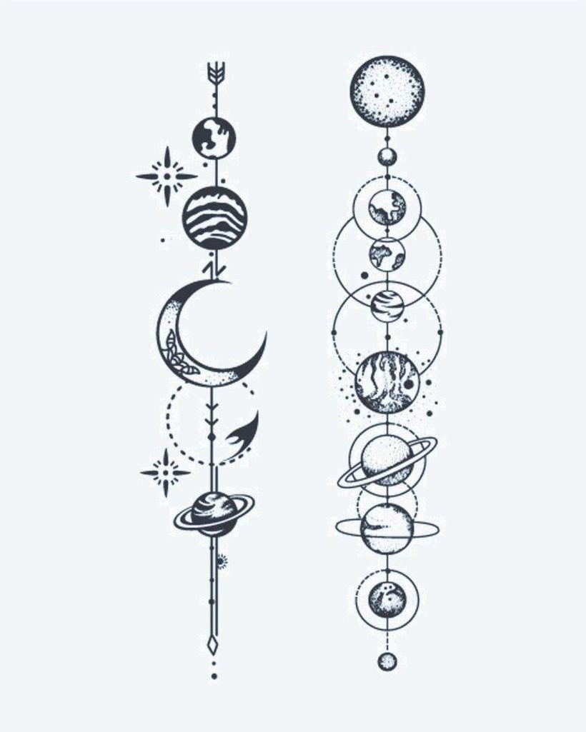 Solar System Alignment semi-permanent tattoo design by INKON – celestial, vertical, planet, alignment, designs illustration, 3 x 4 in (6x11cm), available at inkon.co