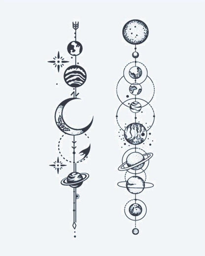 Solar System Alignment semi-permanent tattoo design by INKON – celestial, vertical, planet, alignment, designs illustration, 3 x 4 in (6x11cm), available at inkon.co