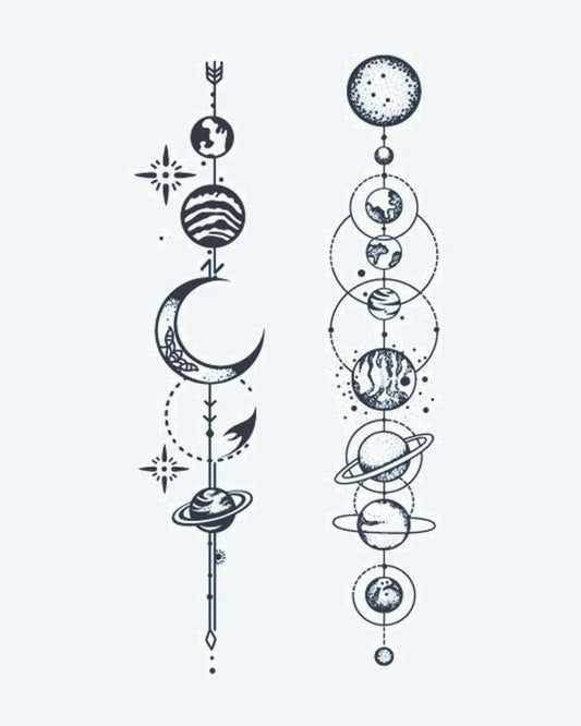 Solar System Alignment semi-permanent tattoo design by INKON – celestial, vertical, planet, alignment, designs illustration, 3 x 4 in (6x11cm), available at inkon.co