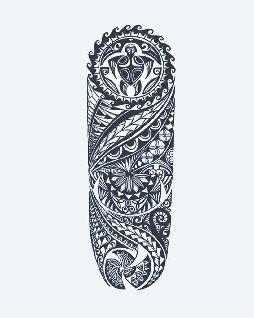 Polynesian Tribal Sleeve semi-permanent tattoo design by INKON – elaborate, polynesian, tribal, turtle, ocean illustration, 8 x 20 in (20x50cm), available at inkon.co