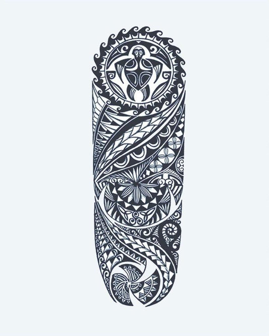 Polynesian Tribal Sleeve semi-permanent tattoo design by INKON – elaborate, polynesian, tribal, turtle, ocean illustration, 8 x 20 in (20x50cm), available at inkon.co