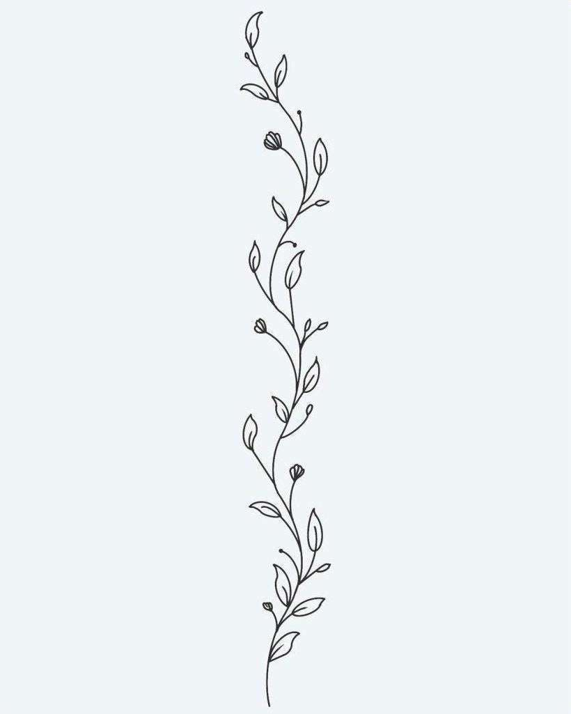 Botanical Vine semi-permanent tattoo design by INKON – delicate, trailing, vine, small, leaves illustration, 4 x 7 in (10x17cm), available at inkon.co