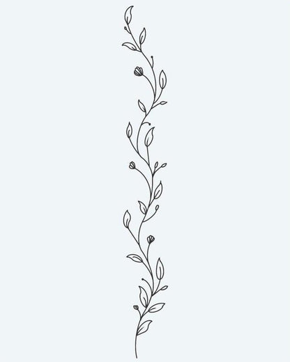 Botanical Vine semi-permanent tattoo design by INKON – delicate, trailing, vine, small, leaves illustration, 4 x 7 in (10x17cm), available at inkon.co