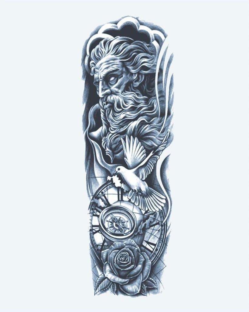 Zeus, Dove & Globe semi-permanent tattoo design by INKON – godly, full, sleeve, zeus, dove illustration, 8 x 20 in (20x50cm), available at inkon.co