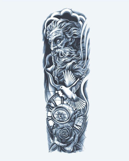 Zeus, Dove & Globe semi-permanent tattoo design by INKON – godly, full, sleeve, zeus, dove illustration, 8 x 20 in (20x50cm), available at inkon.co