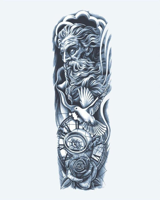 Zeus, Dove & Globe semi-permanent tattoo design by INKON – godly, full, sleeve, zeus, dove illustration, 8 x 20 in (20x50cm), available at inkon.co