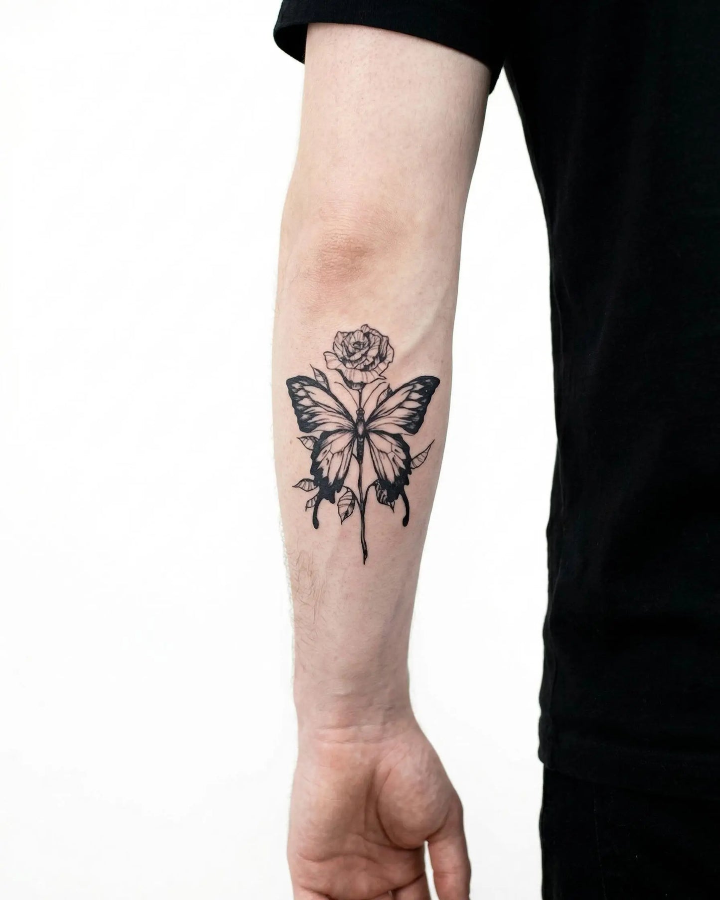 INKON Rose & Butterfly semi-permanent tattoo applied on a man – 3 x 4 in (6x11cm) design, realistic ink look, lasts 10 days