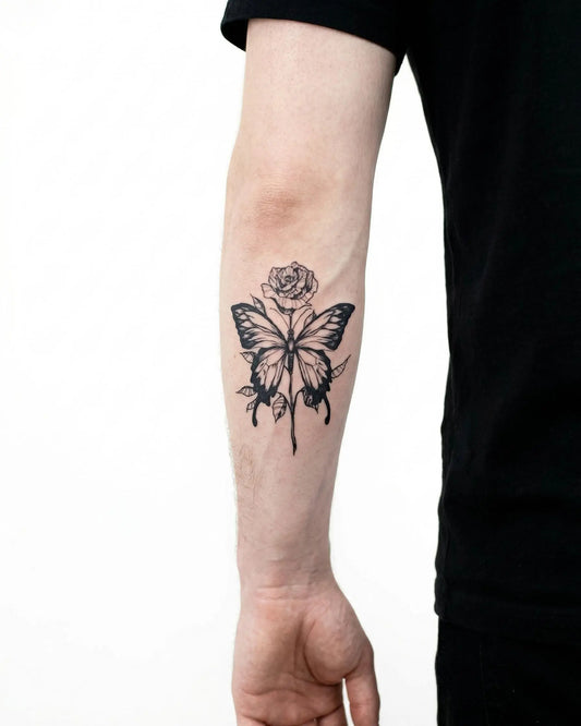 INKON Rose & Butterfly semi-permanent tattoo applied on a man – 3 x 4 in (6x11cm) design, realistic ink look, lasts 10 days