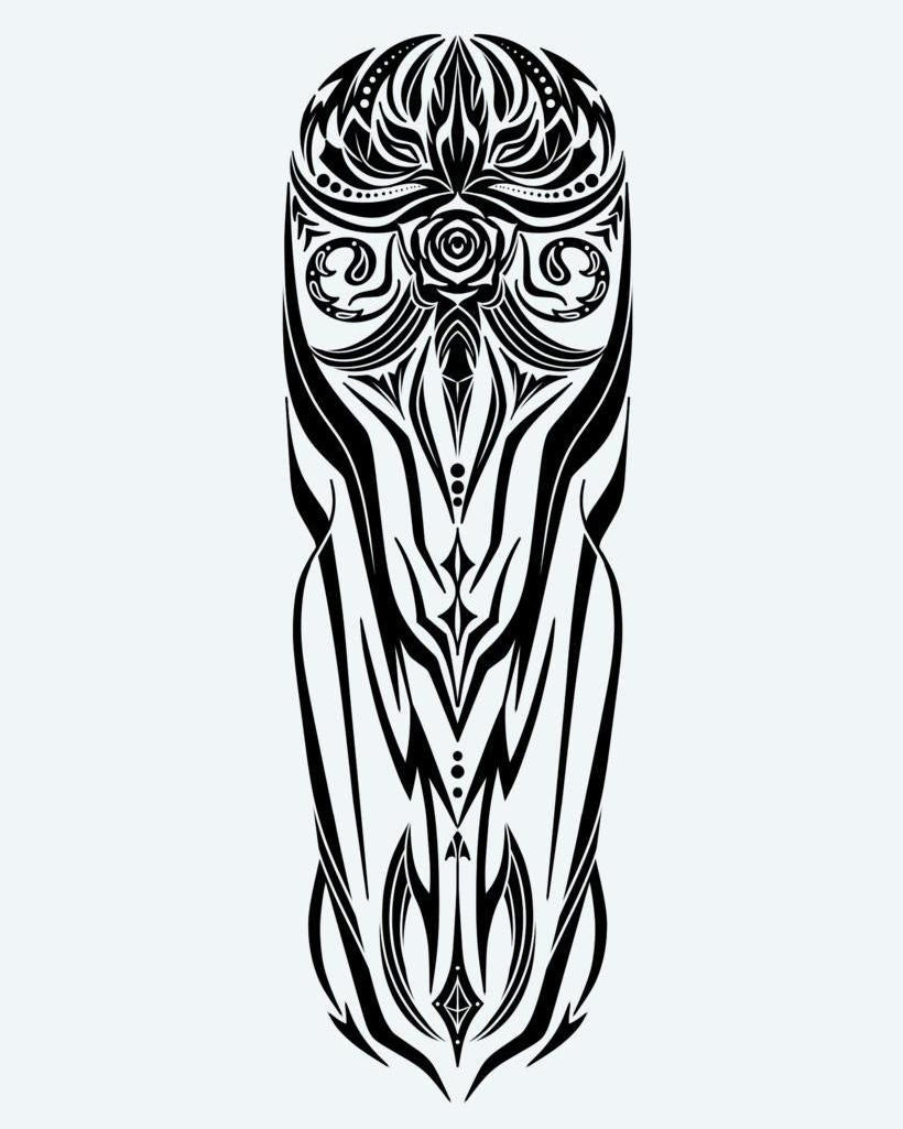 Tribal Owl Totem semi-permanent tattoo design by INKON – mystical, tribal, symmetrical, figure, ornate illustration, 8 x 20 in (20x50cm), available at inkon.co