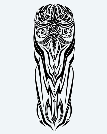 Tribal Owl Totem semi-permanent tattoo design by INKON – mystical, tribal, symmetrical, figure, ornate illustration, 8 x 20 in (20x50cm), available at inkon.co