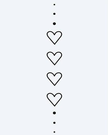 Hearts & Dots Chain semi-permanent tattoo design by INKON – minimalist, vertical, chain, four, heart illustration, 4 x 7 in (10x17cm), available at inkon.co