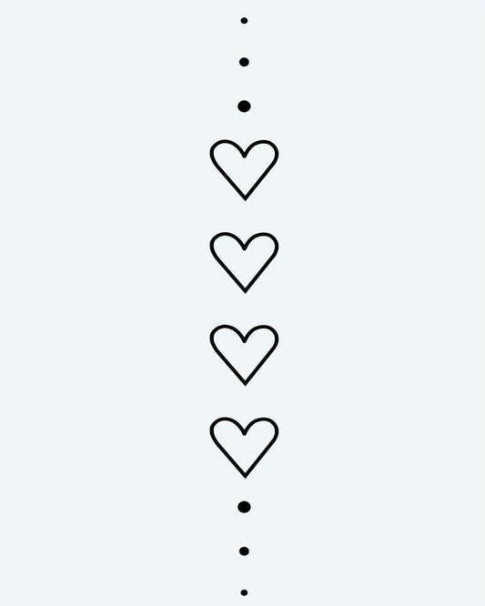 Hearts & Dots Chain semi-permanent tattoo design by INKON – minimalist, vertical, chain, four, heart illustration, 4 x 7 in (10x17cm), available at inkon.co
