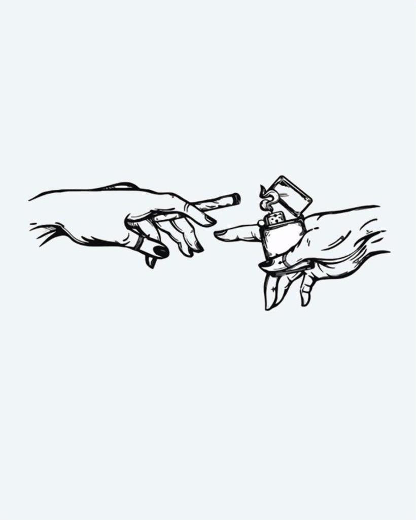 Hands with Lighter & Cigarette semi-permanent tattoo design by INKON – hands, reaching, toward, other, creation illustration, 4 x 4 in (9x9cm), available at inkon.co