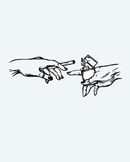 Hands with Lighter & Cigarette semi-permanent tattoo design by INKON – hands, reaching, toward, other, creation illustration, 4 x 4 in (9x9cm), available at inkon.co