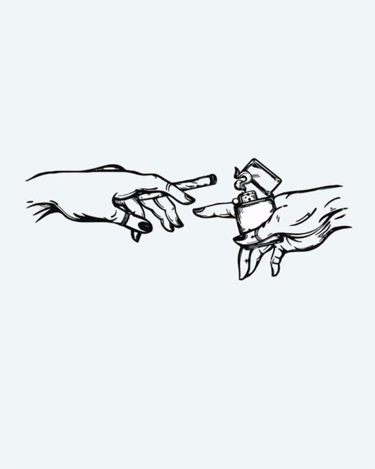 Hands with Lighter & Cigarette semi-permanent tattoo design by INKON – hands, reaching, toward, other, creation illustration, 4 x 4 in (9x9cm), available at inkon.co