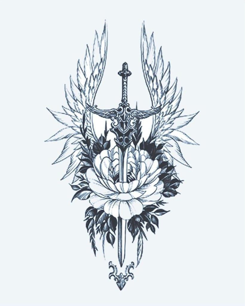 Winged Sword & Peony semi-permanent tattoo design by INKON – ornate, sword, flanked, feathered, wings illustration, 4 x 7 in (10x17cm), available at inkon.co