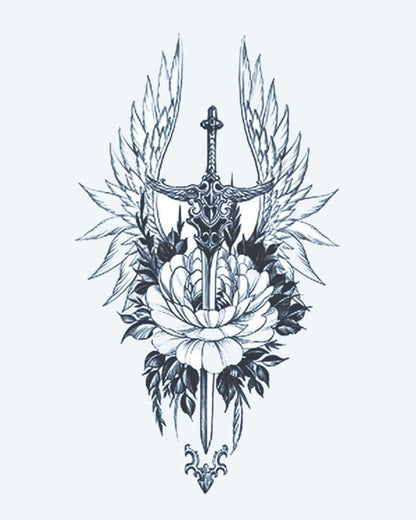 Winged Sword & Peony semi-permanent tattoo design by INKON – ornate, sword, flanked, feathered, wings illustration, 4 x 7 in (10x17cm), available at inkon.co