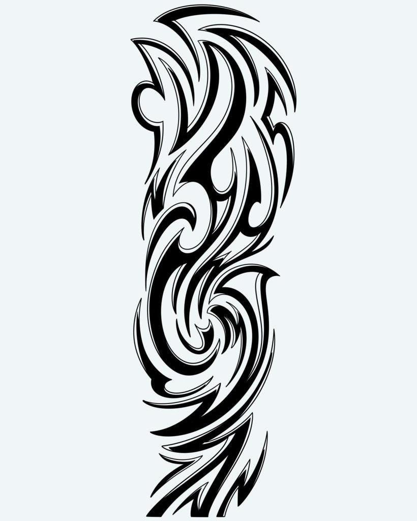 Tribal Wave Sleeve semi-permanent tattoo design by INKON – fluid, tribal, graceful, swirling, waves illustration, 8 x 20 in (20x50cm), available at inkon.co