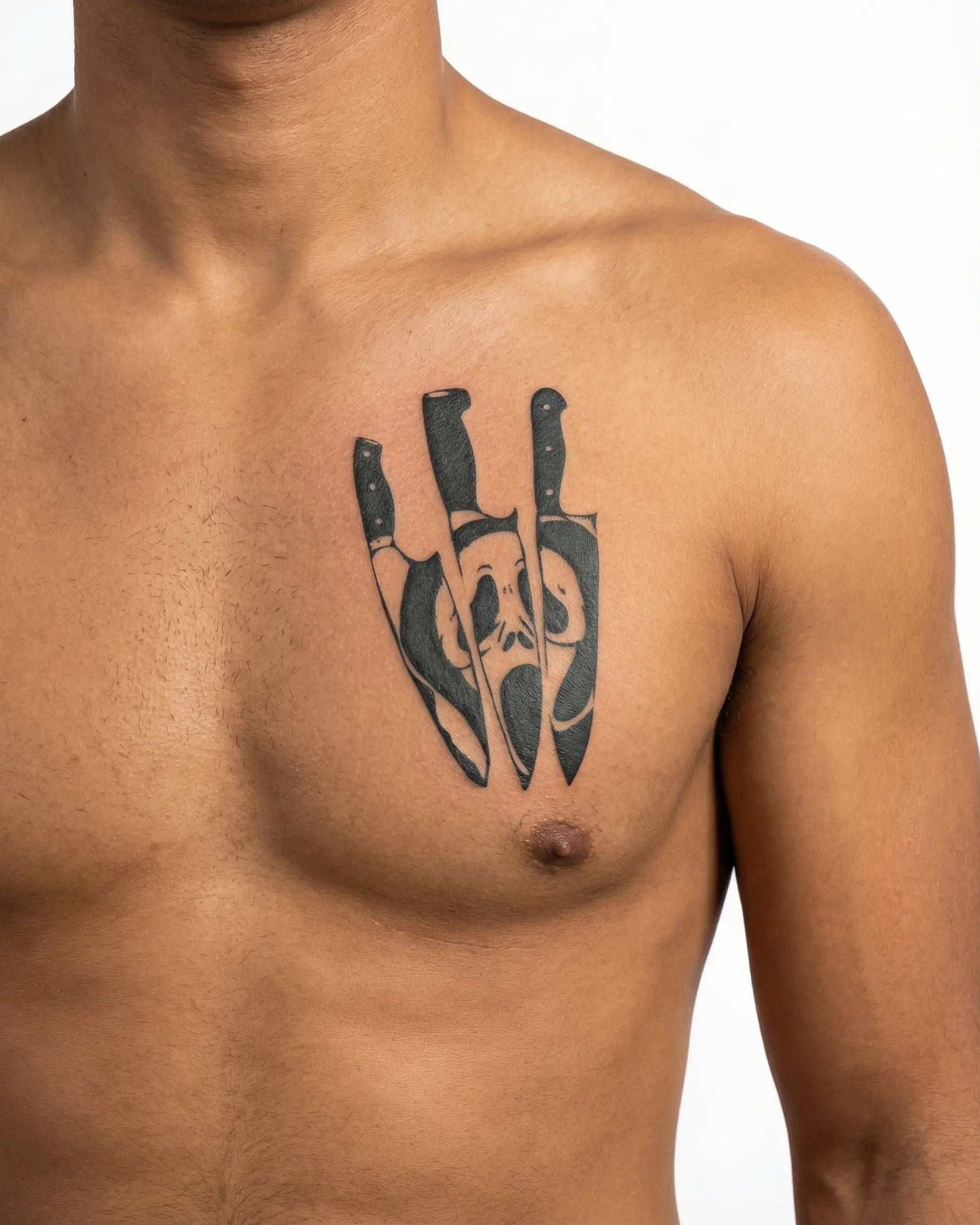 INKON Ghost Face & Knives semi-permanent tattoo applied on a man – 4 x 4 in (9x9cm) design, realistic ink look, lasts 10 days