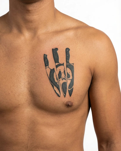 INKON Ghost Face & Knives semi-permanent tattoo applied on a man – 4 x 4 in (9x9cm) design, realistic ink look, lasts 10 days