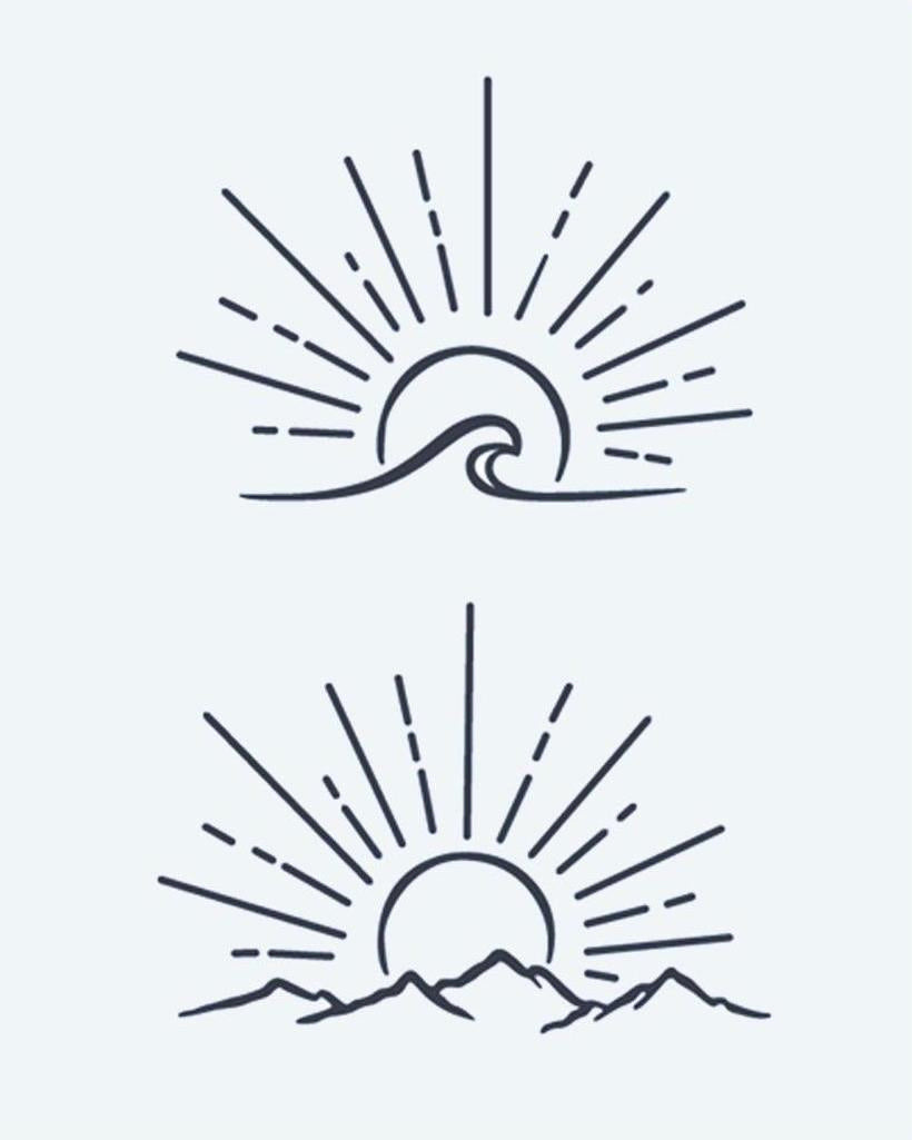 Sunrise Wave & Mountains semi-permanent tattoo design by INKON – minimalist, line, ocean, wave, sunrise illustration, 4 x 7 in (10x17cm), available at inkon.co