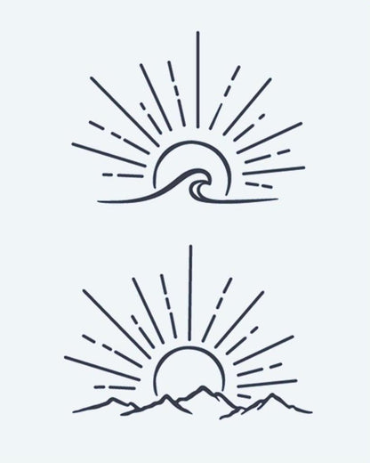 Sunrise Wave & Mountains semi-permanent tattoo design by INKON – minimalist, line, ocean, wave, sunrise illustration, 4 x 7 in (10x17cm), available at inkon.co