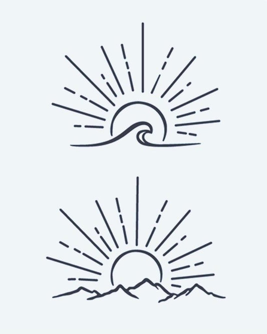 Sunrise Wave & Mountains semi-permanent tattoo design by INKON – minimalist, line, ocean, wave, sunrise illustration, 4 x 7 in (10x17cm), available at inkon.co