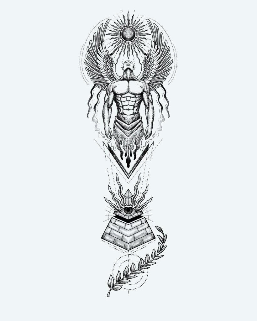 Egyptian Guardian Angel & Pyramid semi-permanent tattoo design by INKON – stunning, egyptian, winged, guardian, figure illustration, 8 x 20 in (20x50cm), available at inkon.co