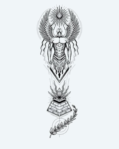 Egyptian Guardian Angel & Pyramid semi-permanent tattoo design by INKON – stunning, egyptian, winged, guardian, figure illustration, 8 x 20 in (20x50cm), available at inkon.co