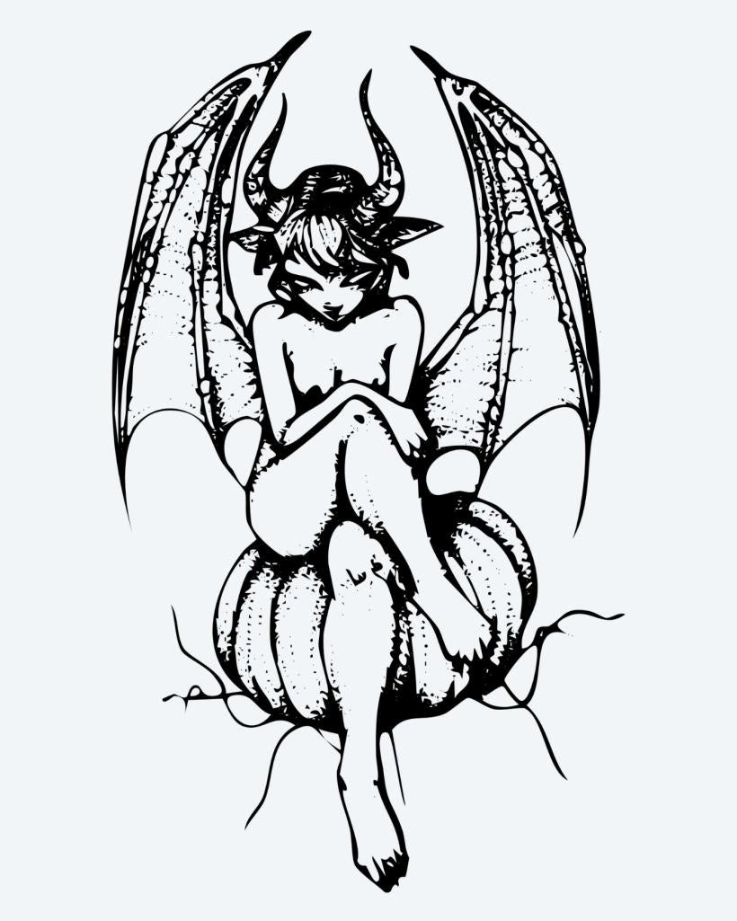 Succubus semi-permanent tattoo design by INKON – alluring, succubus, winged, demon, girl illustration, 3 x 4 in (7x10cm), available at inkon.co