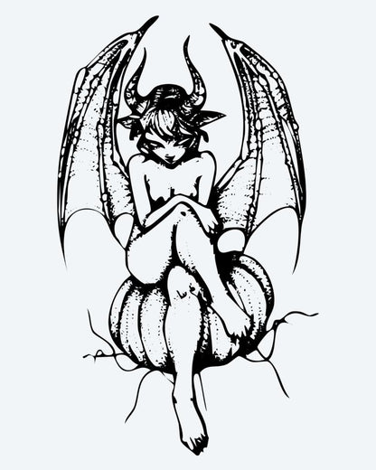 Succubus semi-permanent tattoo design by INKON – alluring, succubus, winged, demon, girl illustration, 3 x 4 in (7x10cm), available at inkon.co