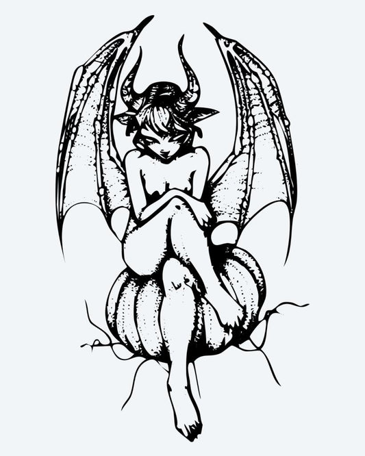 Succubus semi-permanent tattoo design by INKON – alluring, succubus, winged, demon, girl illustration, 3 x 4 in (7x10cm), available at inkon.co