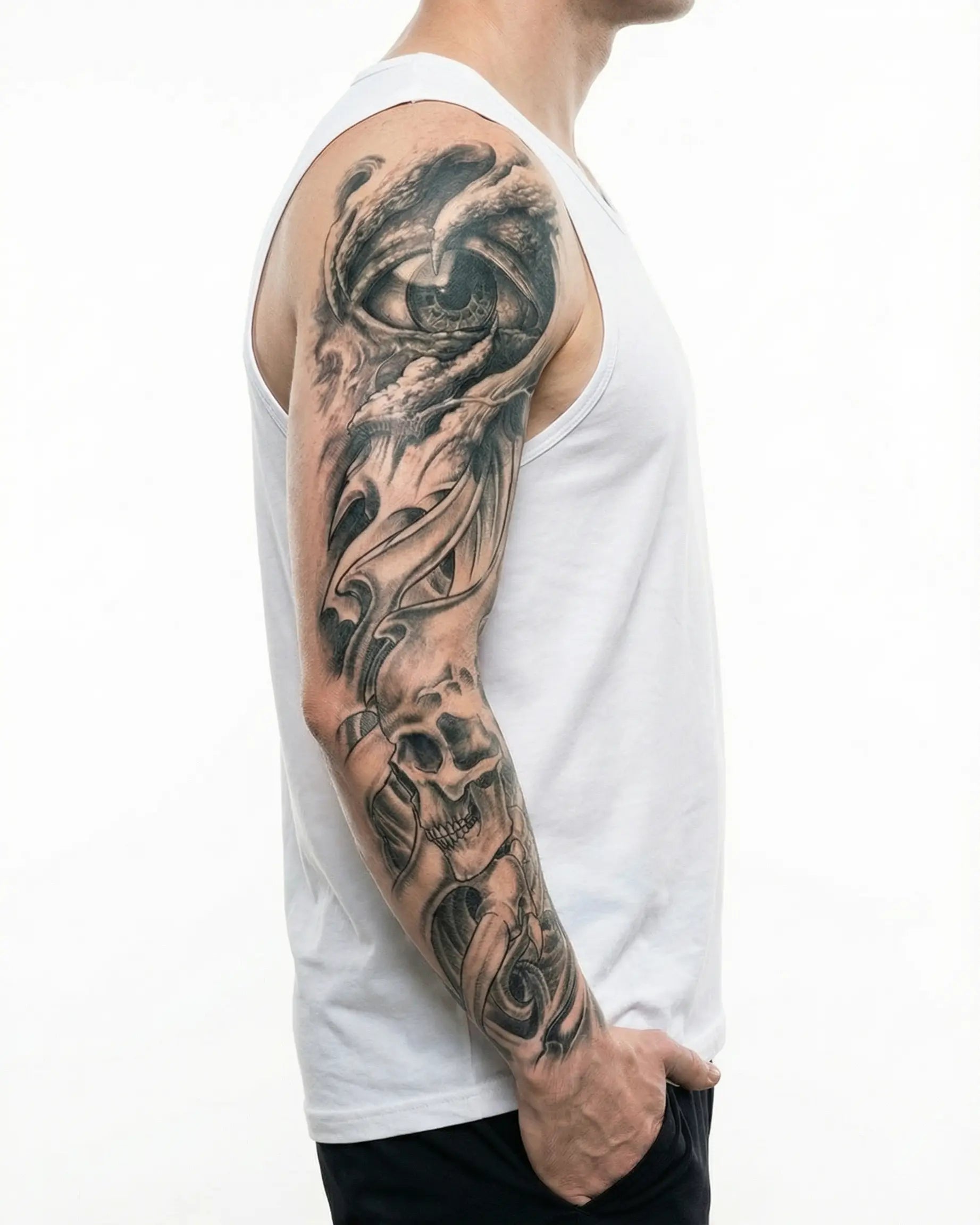 INKON Dragon Eye & Skull semi-permanent tattoo applied on a man – 8 x 20 in (20x50cm) design, realistic ink look, lasts 10 days