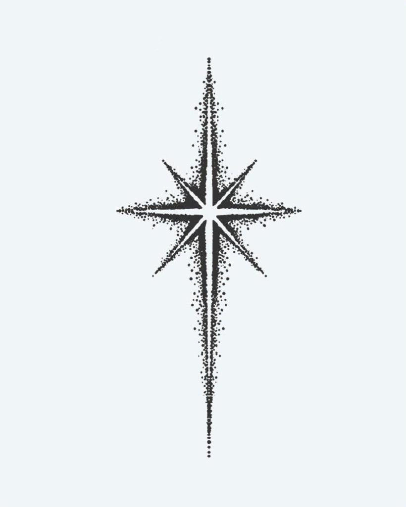 North Star semi-permanent tattoo design by INKON – eight, pointed, star, rendered, dotwork illustration, 3 x 4 in (6x11cm), available at inkon.co