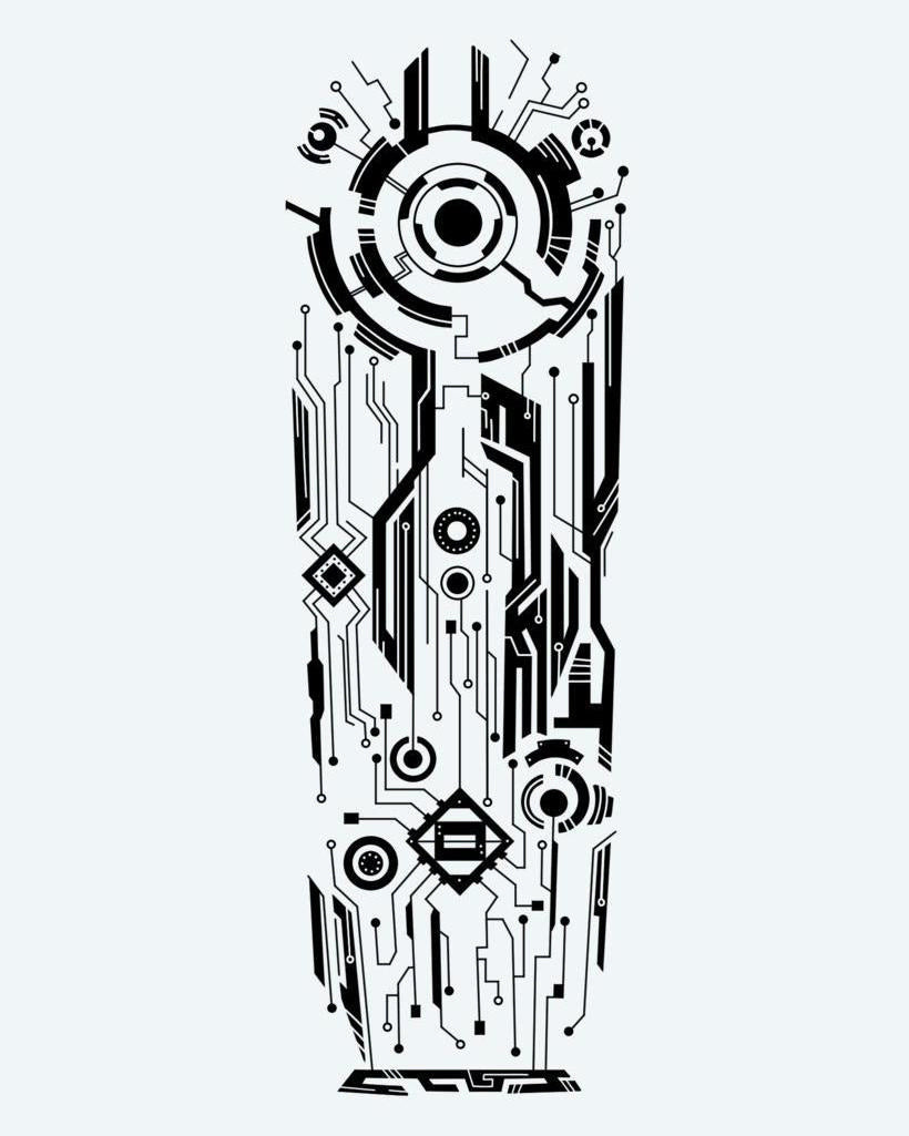 Cyberpunk Circuit semi-permanent tattoo design by INKON – futuristic, circuit, board, patterns, mechanical illustration, 8 x 20 in (20x50cm), available at inkon.co