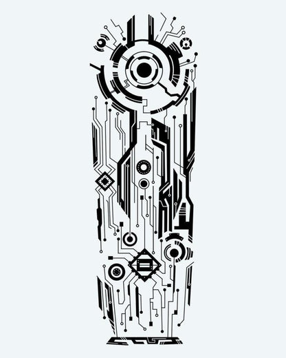 Cyberpunk Circuit semi-permanent tattoo design by INKON – futuristic, circuit, board, patterns, mechanical illustration, 8 x 20 in (20x50cm), available at inkon.co