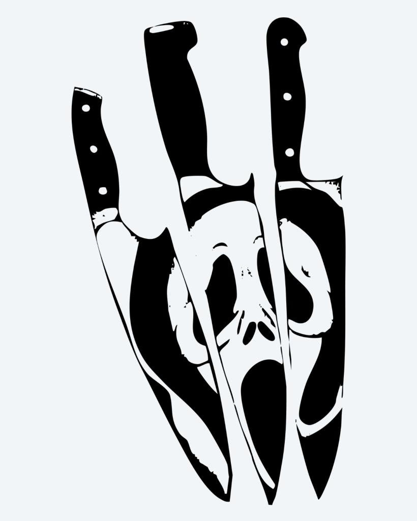 Ghost Face & Knives semi-permanent tattoo design by INKON – horror, three, kitchen, knives, revealing illustration, 4 x 4 in (9x9cm), available at inkon.co