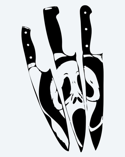 Ghost Face & Knives semi-permanent tattoo design by INKON – horror, three, kitchen, knives, revealing illustration, 4 x 4 in (9x9cm), available at inkon.co