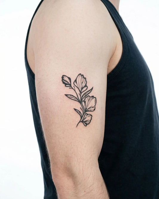 INKON Floral Branch semi-permanent tattoo applied on a man – 3 x 4 in (7x10cm) design, realistic ink look, lasts 10 days