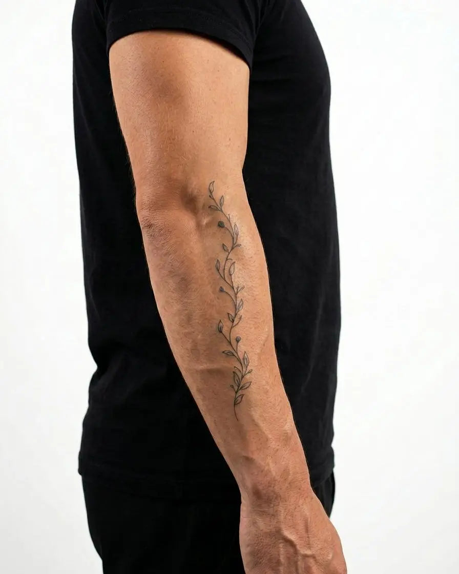 INKON Botanical Vine semi-permanent tattoo applied on a man – 4 x 7 in (10x17cm) design, realistic ink look, lasts 10 days
