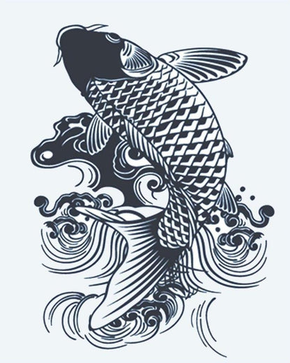Koi Fish semi-permanent tattoo design by INKON – japanese, fish, leaping, through, waves illustration, 4 x 7 in (10x17cm), available at inkon.co