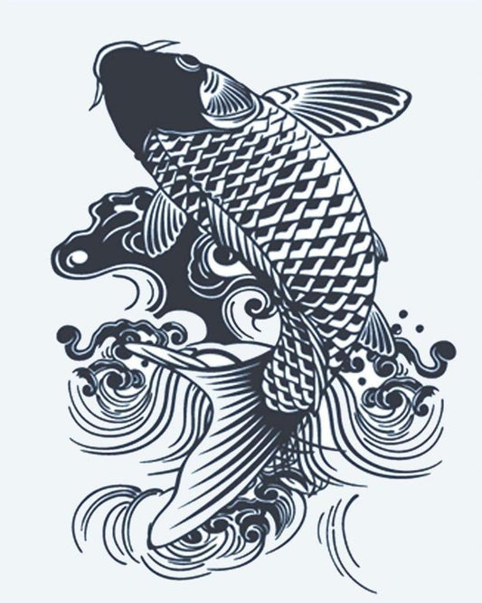 Koi Fish semi-permanent tattoo design by INKON – japanese, fish, leaping, through, waves illustration, 4 x 7 in (10x17cm), available at inkon.co