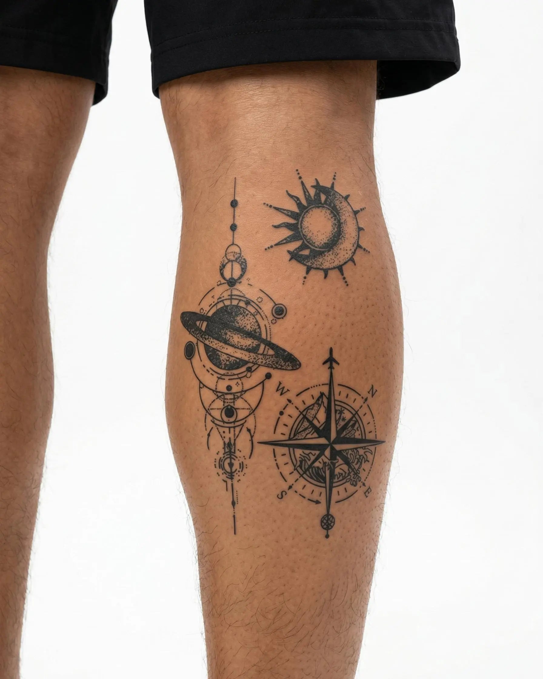 INKON Cosmic Navigation semi-permanent tattoo applied on a man – 4 x 7 in (10x17cm) design, realistic ink look, lasts 10 days